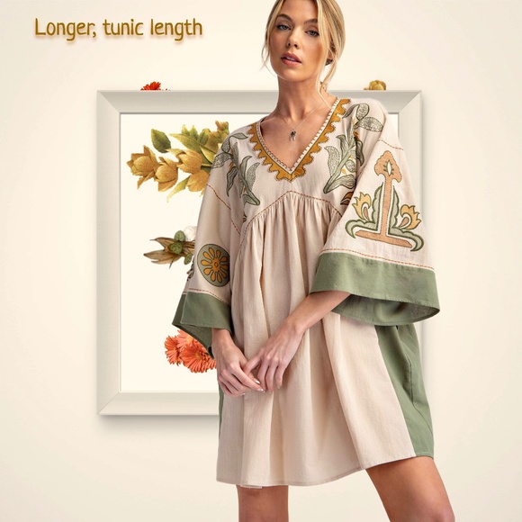 EASEL "Desert Flower" Xtra Full Comfy Linen-Look Embroidered Tunic Dress Pockets - Picture 12 of 15